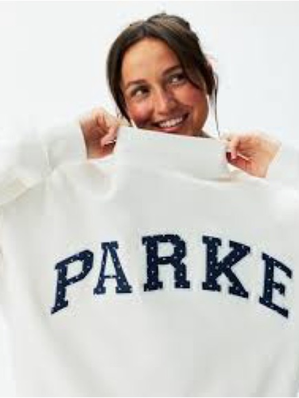 PARKE white and navy mockneck with polka dots. Size L/XL. Never worn.